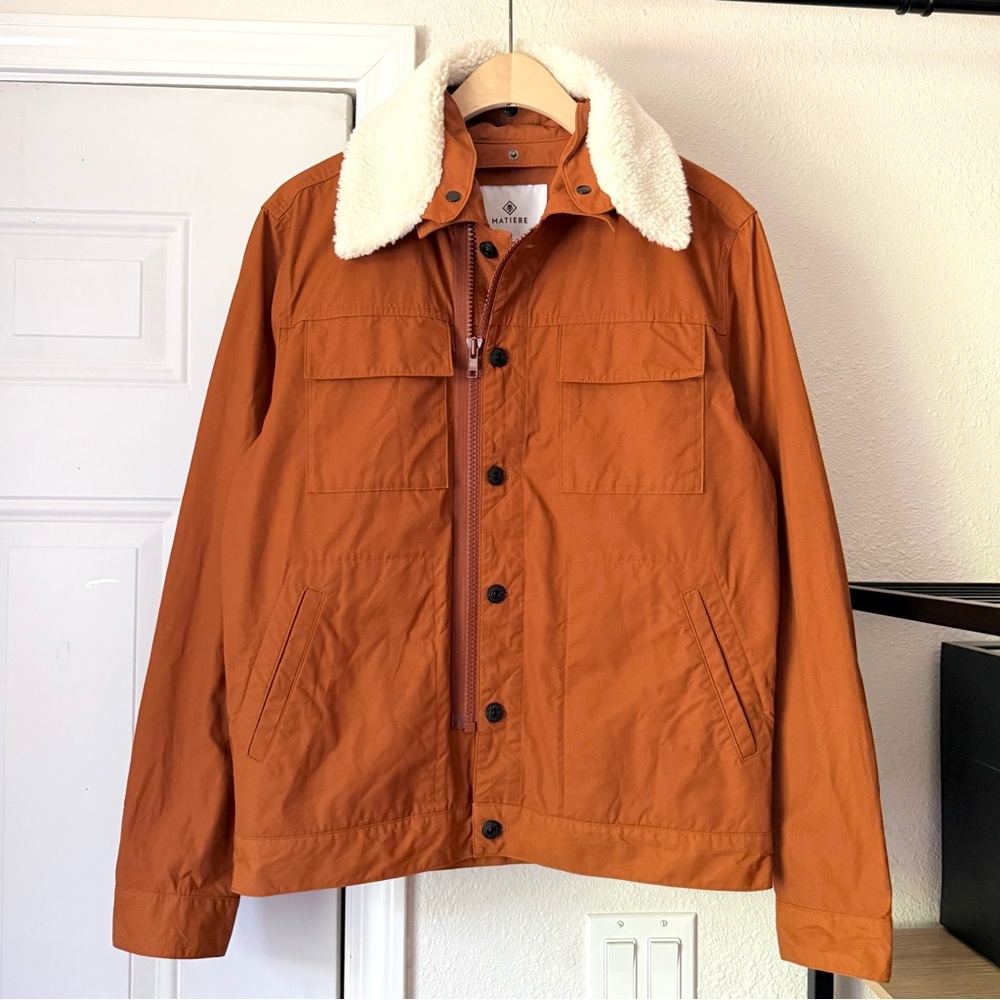 MATIERE rust shearling fur collar zip up button barn jacket